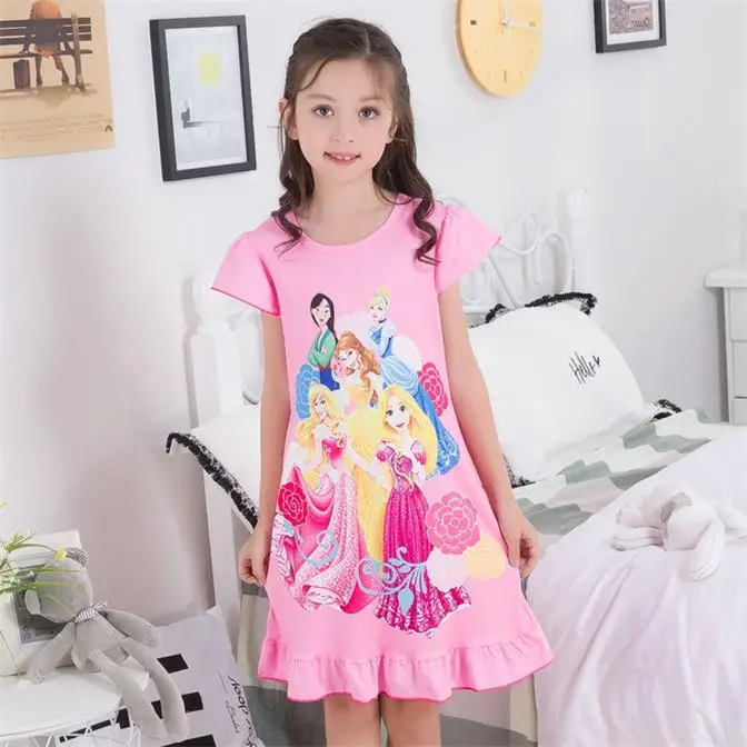 Для девочек; ночные рубашки «Принцесса» летние шорты рукавом мультяшная Ночная сорочка трикотажные детские пижамы, одежда для сна, Для детей девушка, платье для сна Размер R5 - Цвет: color at picture
