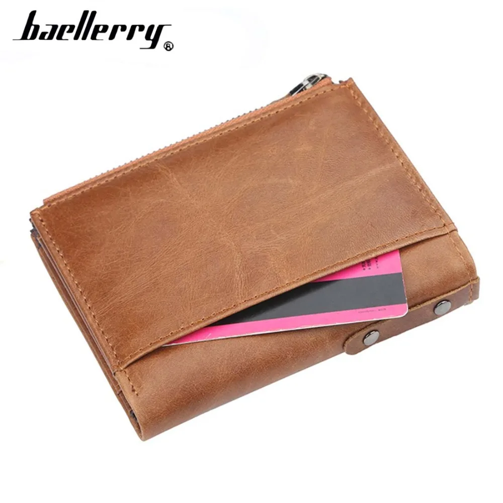 Baellerry Men Wallets Genuine Cow Leather Double Zipper Card Holder High Quality Male Purse Vintage Coin Holder Men Wallets