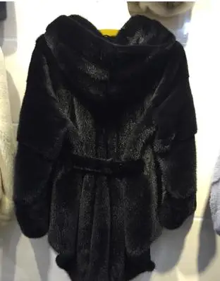 Шило GO шуба женская зимняя модная цельная норковая шуба с капюшоном меховой пояс длинный рукав трапециевидная ассиметричная юбка - Цвет: 1