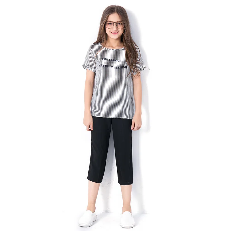 

European style Girls clothing suit lastest summer shorts tops + pants 2pcs sets real shot for teenage kids 6 8 10 12 14 years