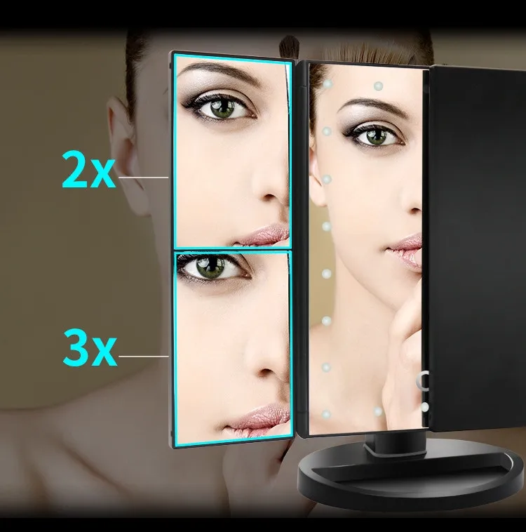 Лупа для макияжа зеркало 2X 3X три сложения яркий компактный карманный светодиодный lgihts складное зеркало макияж вращение на 180 градусов сенсорный экран