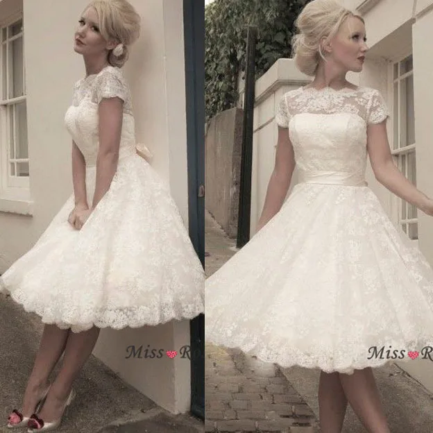 Stock Boat Neck Sash Knee Length Short Sleeve 50 S Vintage Lace Stock Boat Neck Sash Knee Length Short Sleeve 50 S Vintage Lace Wedding Dress In Dresses From Weddings Events On Aliexpress Alibaba