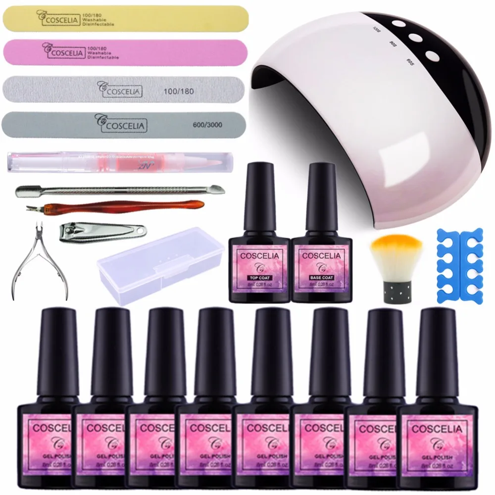 

Full Nails Tools Set 8PCS Soak Off Nail Gel Polish Fashion 24W UV Lamp Nail Art Manicure Kit Gel Varnish DIY Kits Led Lamp kits
