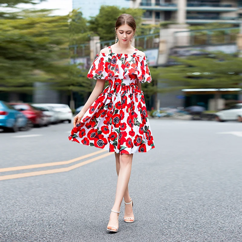 

HIGH QUALITY Newest Fashion 2019 Designer Runway Dress Women's Spaghetti Strap Slash Neck Floral Casual Dress