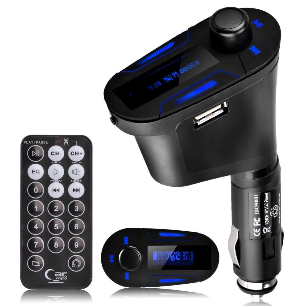 

Car Kit MP3 Player Wireless FM Transmitter Modulator USB SD MMC Slot Blue LCD Display with Remote Wireless In Car FM Transmitter