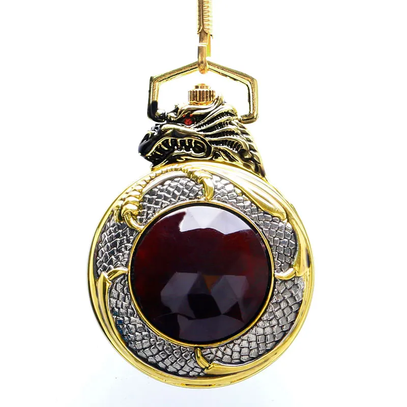 Винтажные золотые карманные часы для мужчин злой Дракон золотой тон чехол большой красный кристалл ретро красный гранат вставка роскошное ожерелье подарок