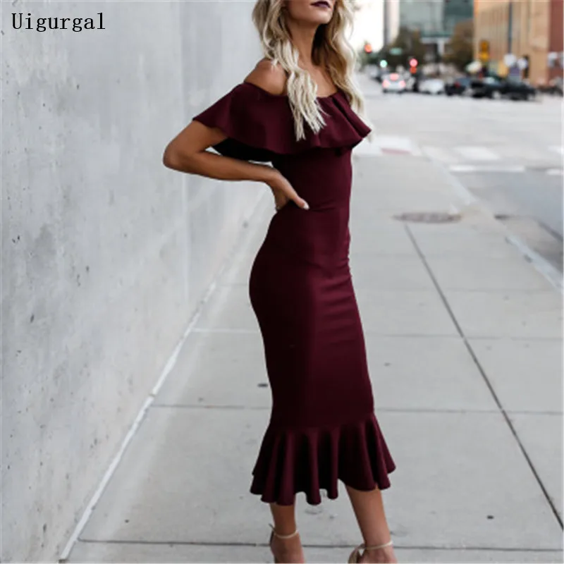 Uigurgal 2019 Summer Women Dress Off the Shoulder Slash-neck Fishtail Sexy Elegant Ladies | Женская одежда