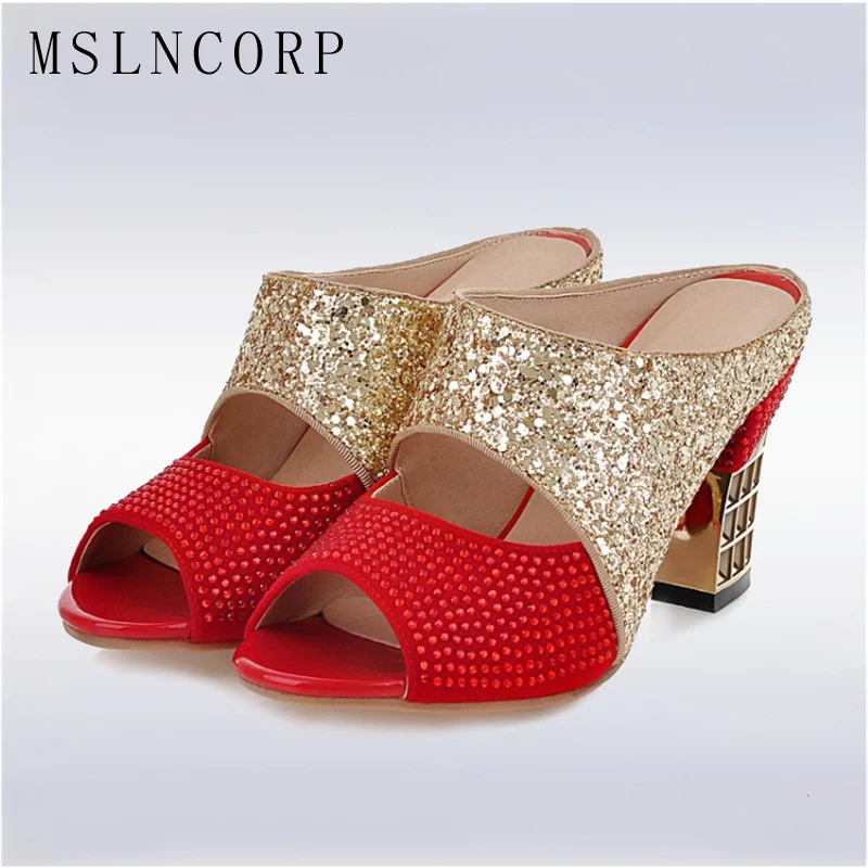 

plus size 34-43 Fashion Summer Women Party Slippers Bling Extreme High Heels Peep Toe Slides Dress Ladies Shoes Sandals Pumps