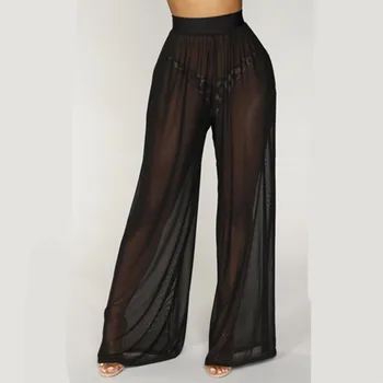 

Women Wide Leg Pants Beach Mesh Sheer Summer Streetwear High Waist Pants Elastic Casual Drawstring Long Trousers Cover Up W3
