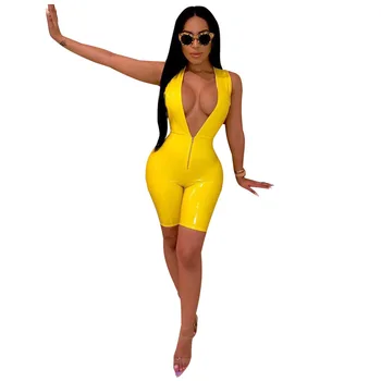

2019 Women Bright PU Leather Summer Romper Zipper V-neck Sleeveless Bodycon Jumpsuit Party Club Sexy Playsuit