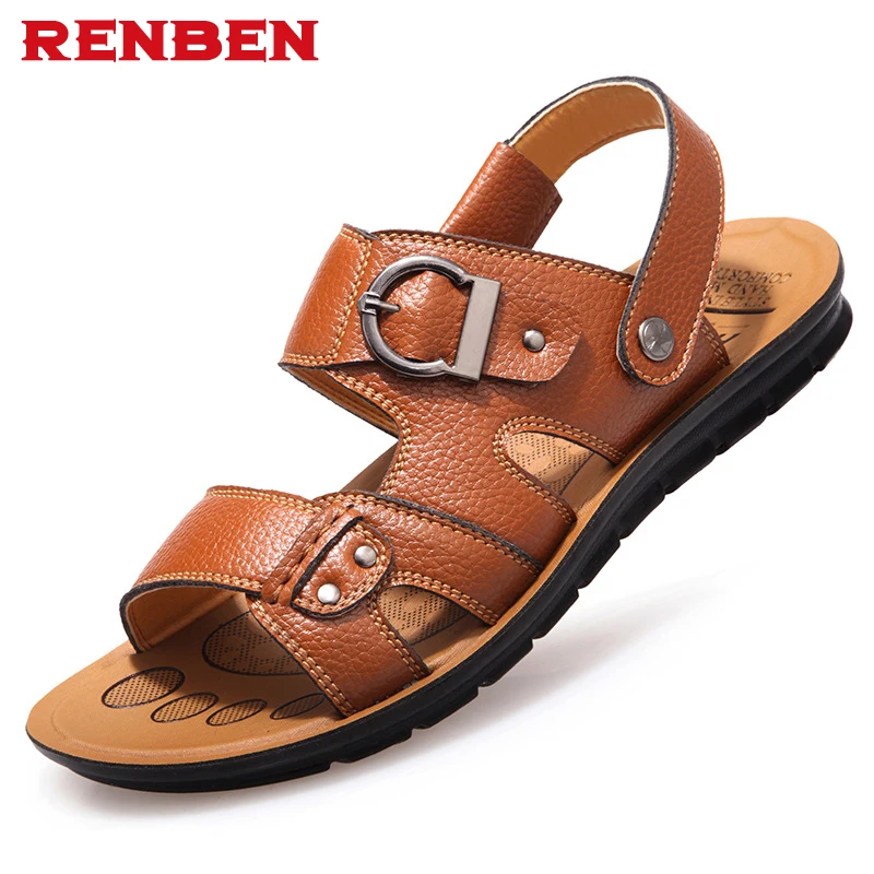 

PU Leather Men's Sandals Top Layer Cowhide 2 Function 1 Price Open Toe Slip Fashion Casual Roman Beach Slippers