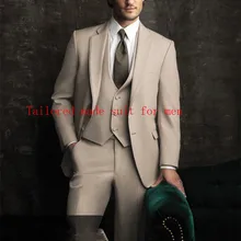 Новое поступление настроить Сделано высокого качества бежевый стильный Нотч костюм мужской Slim Fit смокинг для жениха(куртка+ Pantst+ жилет+ галстук
