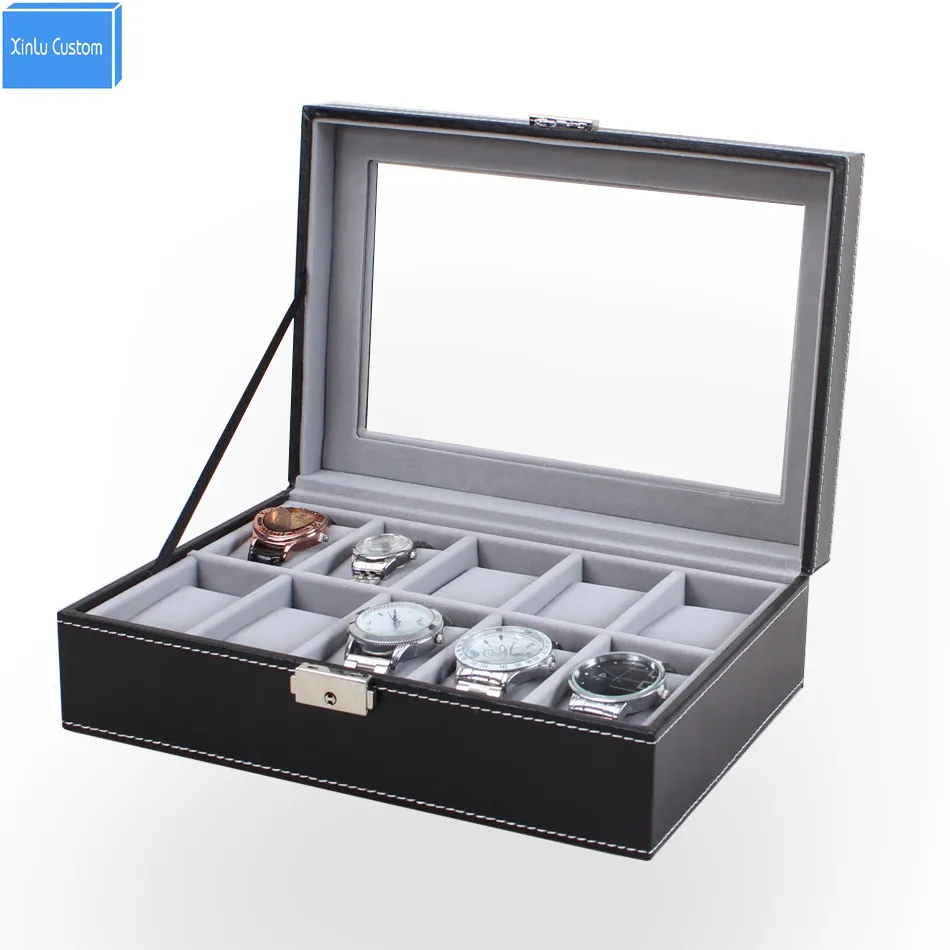 Luxury Senior 10 Slots Display Leather WatchBox Gray Velvet Case