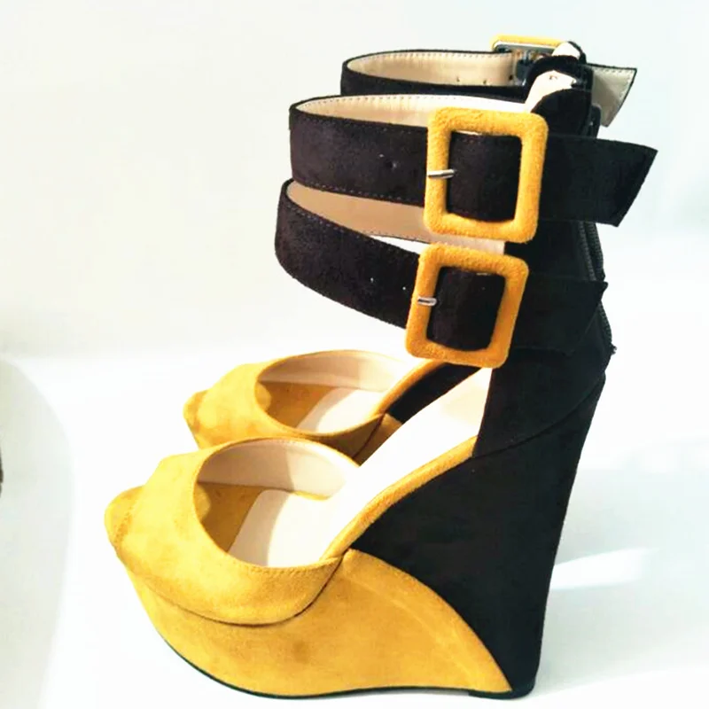 Обувь; женские босоножки на танкетке; модная обувь; ; цвет желтый, коричневый; замша; босоножки на танкетке 16 см - Цвет: Цвет: желтый