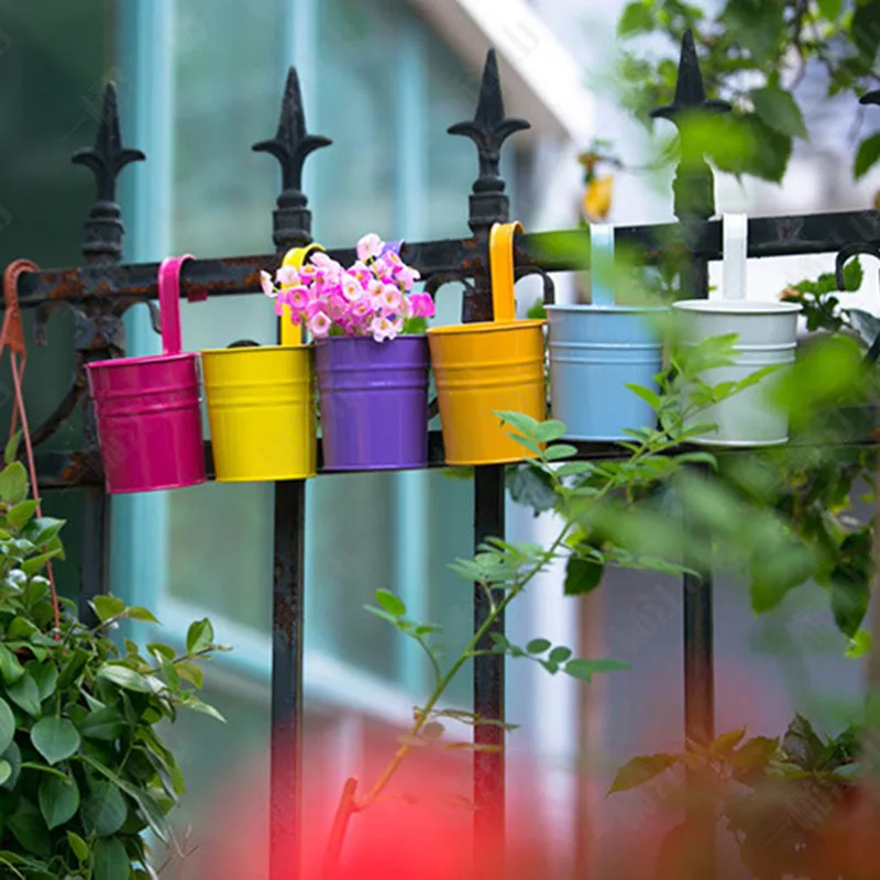 

Non-removable Hooks Simulation Pot Tin Bucket Multi-meat Iron Flower Pot Coloful Garden Vase No Hole At Bottom Courtyard Patio