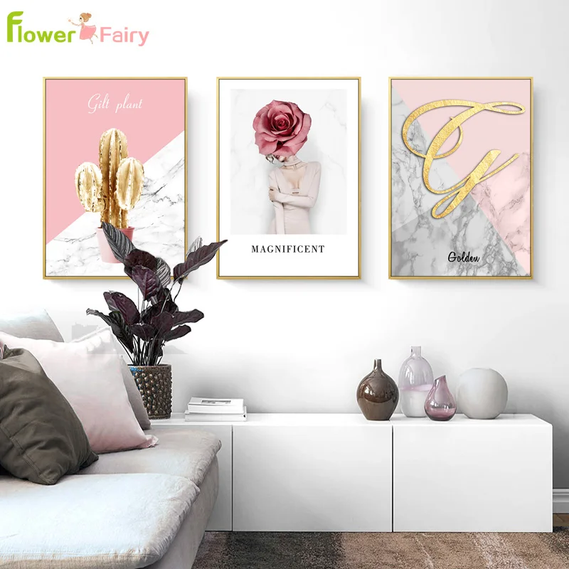 Abstract Girl Flower Pink Cactus Quotes Wall Art Canvas Painting Geometric Nordic Poster Wall Pictures For Living Room Unframed