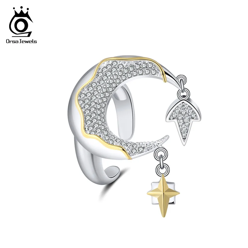 ORSA JEWELS Women Finger Rings Silver Color With Gold-color 23MM Moon And Dangle Meteor Shiny CZ Adjustable Female Jewelry OR185