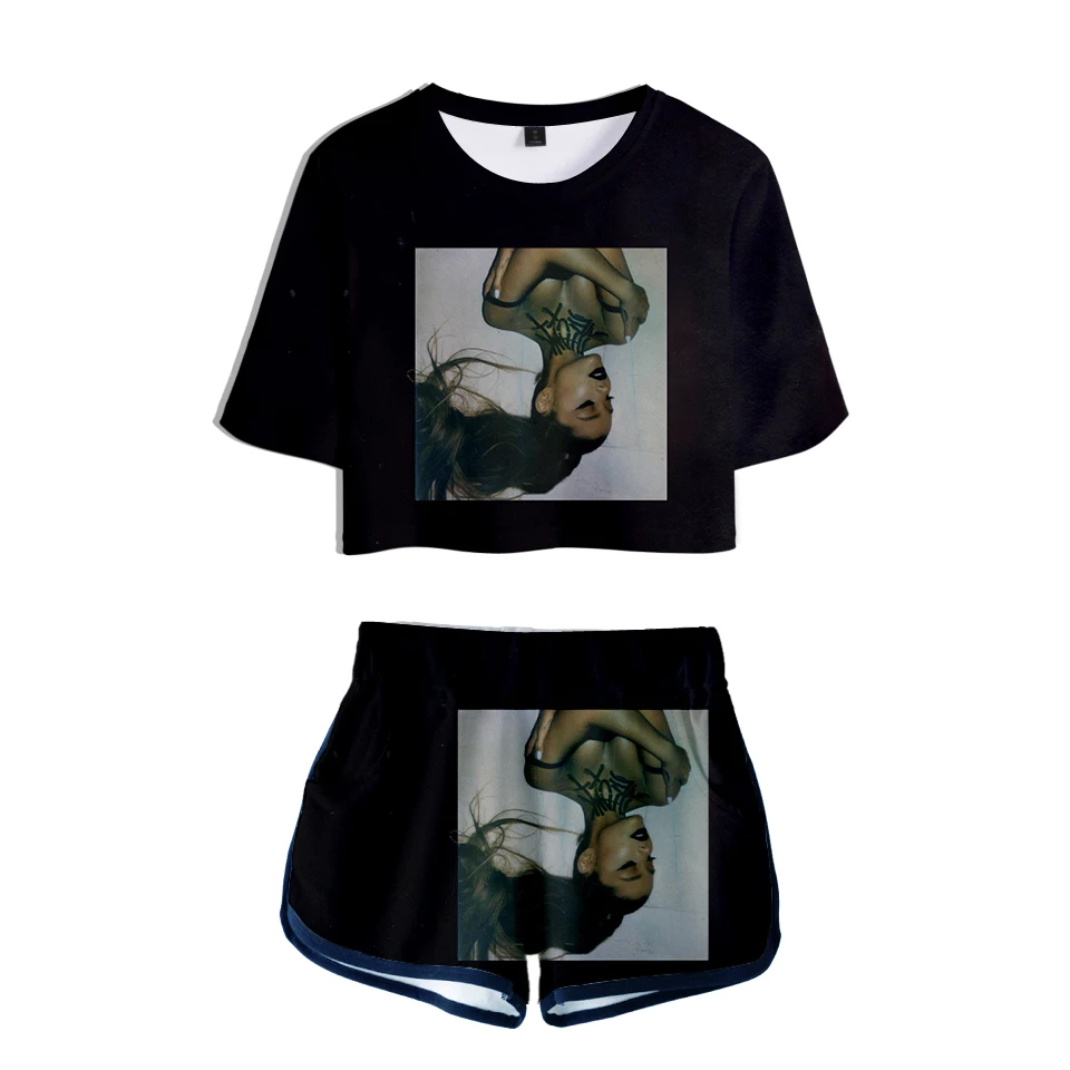 

3D Print Ariana Grande Two Piece Set + Short Pants Fashion Dew navel t shirt Girl Sets