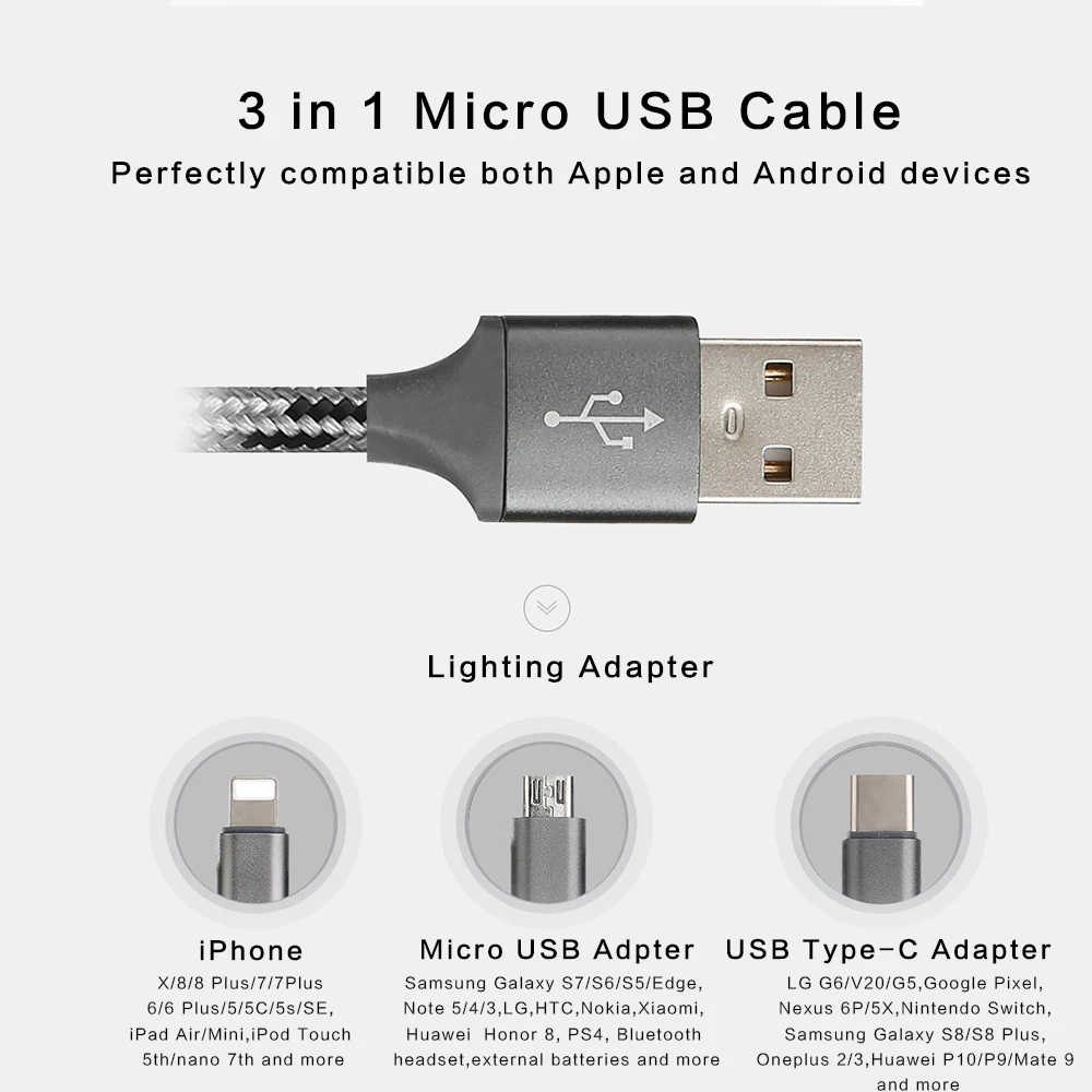 Дата-кабель для телефона зарядный кабель 100 см нейлоновый плетеный 3 в 1 Micro USB кабель быстрое зарядное устройство кабель USB к type-C для телефона