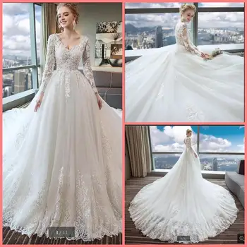 

Robe de mariage ball gown white lace appliques princess wedding dress v neck long sleeve elegant corset/lace up bride gowns 2019