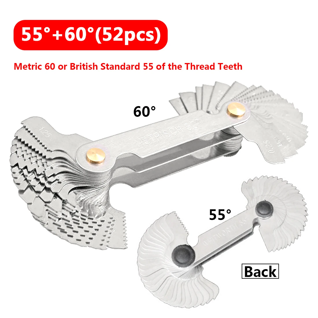 52Pcs Steel Thread Measuring Gage Metric Whitworth Screw Pitch 60