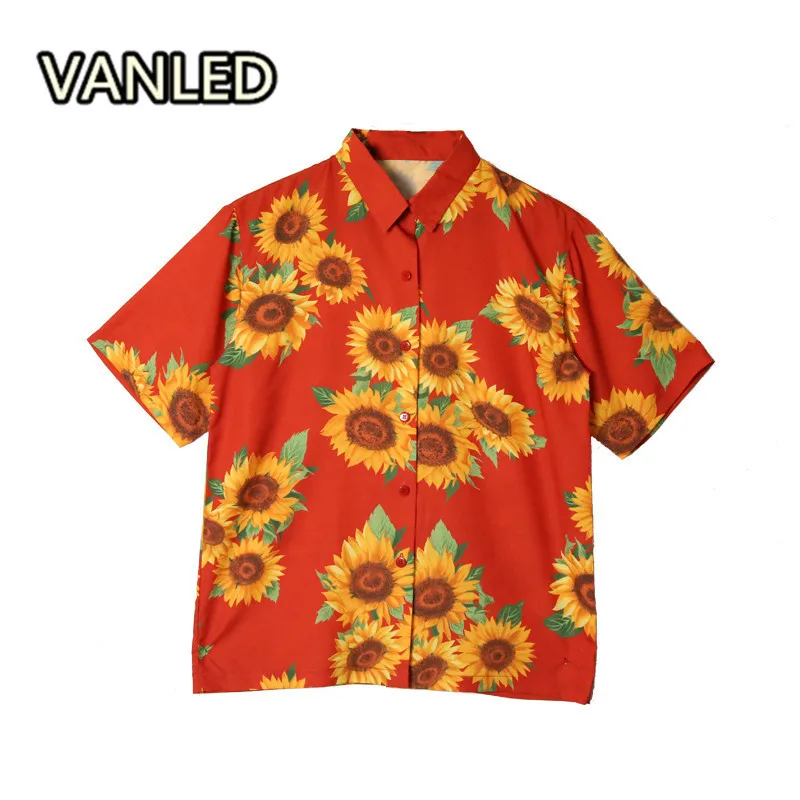 خمر هاواي زهرة طباعة المرأة قميص عباد الشمس الأحمر سترة