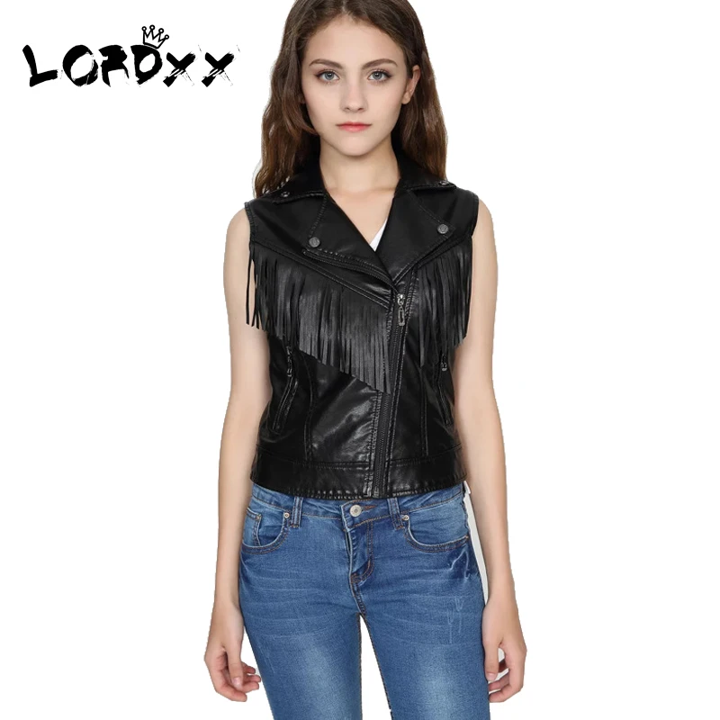 black leather sleeveless jacket womens