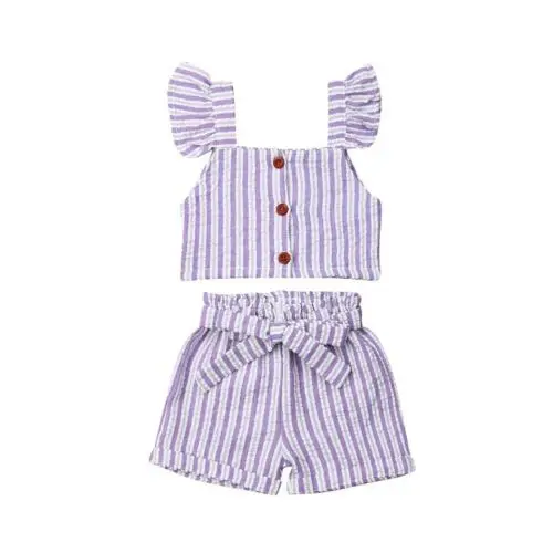 

2Pcs Purple Stripe Toddler Kids Baby Girl Clothes Vest T-shirt Top Short Pants Children Summer Outfit Set 1-6Years