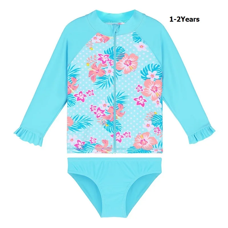 BAOHULU/купальный костюм для малышей с рисунком; купальный костюм с длинными рукавами для девочек; UPF50+ два предмета; купальные костюмы для маленьких девочек - Цвет: S309 cyan flower 2A