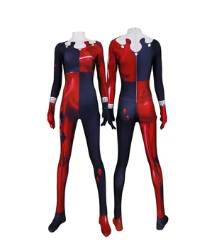 

Adult Women Kids Red Jester Girl Harley Quinn Cosplay Jumpsuit Halloween Anime Moive Superhero Costume Zentai Jumpsuit Bodysuit