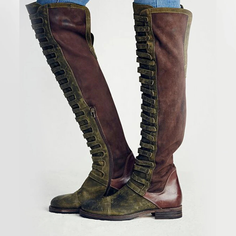 YJSFG/домашние женские зимние сапоги; винтажные Сапоги выше колена из искусственной кожи; замшевая зимняя обувь на каждый день; высокие сапоги на низком каблуке с круглым носком