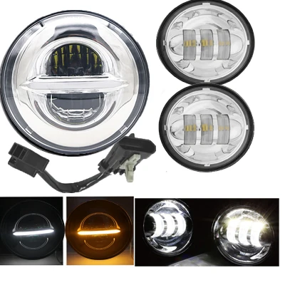 3pcs chrome Точечный SAE 7-дюймовый моторный головной светильник s, " светодиодный головной светильник+ 4 1/2" противотуманный светильник для мотоцикла, лампы ближнего света+ кронштейн, переходное кольцо для уличного скольжения - Цвет: 3pcs chrome