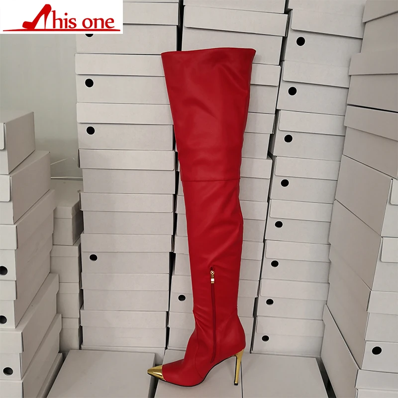 

women metal Tip boots extreme slim pointed toe thigh high over the knee shoes exotic dancer quality red Plus Size 35-47