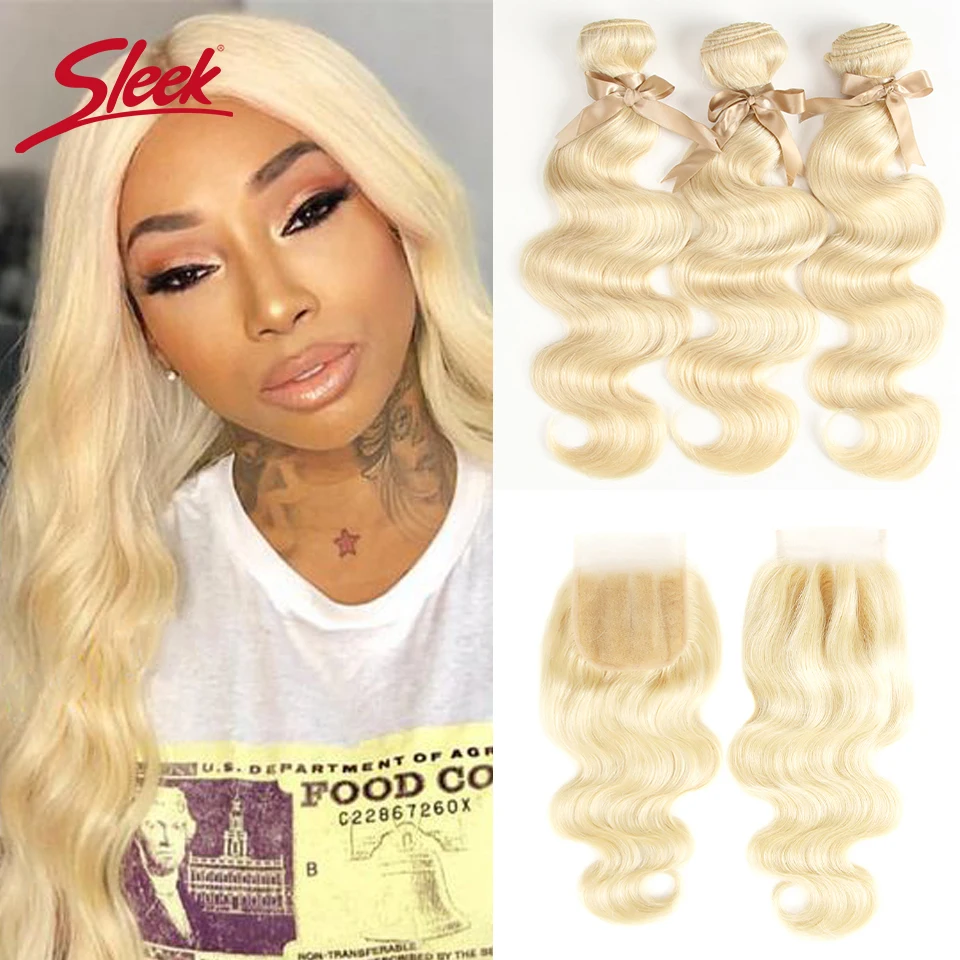 

Sleek Brazilian Body Wave Human Hair Bundles With Closure 613 Blonde Bundles With Closure 3 Bundles With Closure Free Shipping
