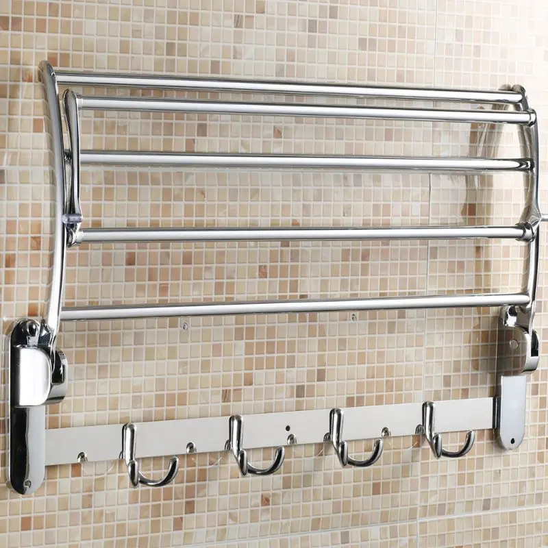 Wall Mounted Towel Rack 4 Hooks Hanger Bar Shelf Rail Holder Storage Bathroom Hotel Stainless Steel