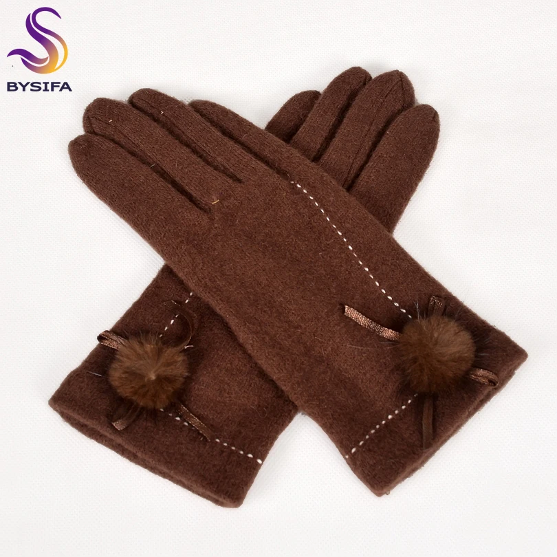 [BYSIFA] женские кофейные кашемировые шерстяные перчатки женские зимние теплые перчатки брендовые элегантные норковые мячики мягкие