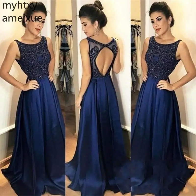 

2019 New Fashion Dark Navy Plus Size Evening Dresses Scoop Neck Backless Sexy Sweep Train Prom Dress Party Gowns Robe De Soiree