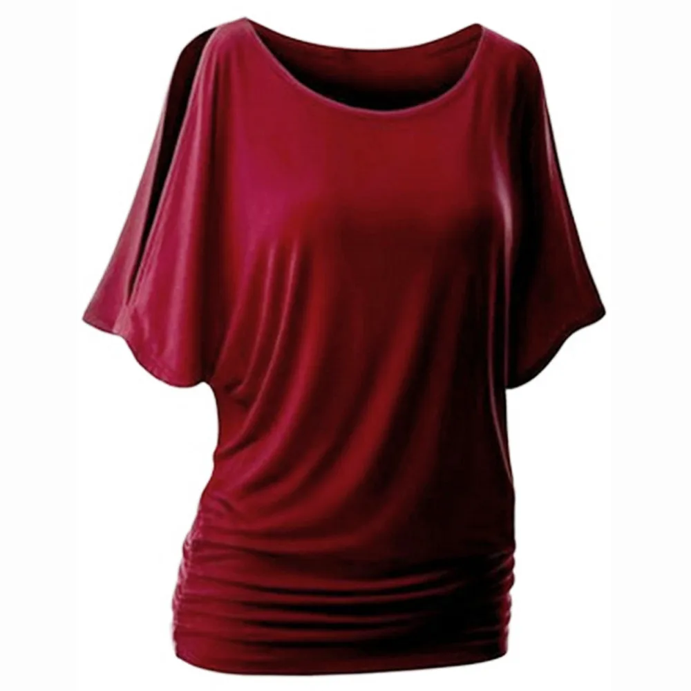 

2018 Women Half Batwing Sleeves Wine Red Blouse Tops Ladies Split Shoulder O Neck Solid Slim Fit Casual Top Blouses Plus size