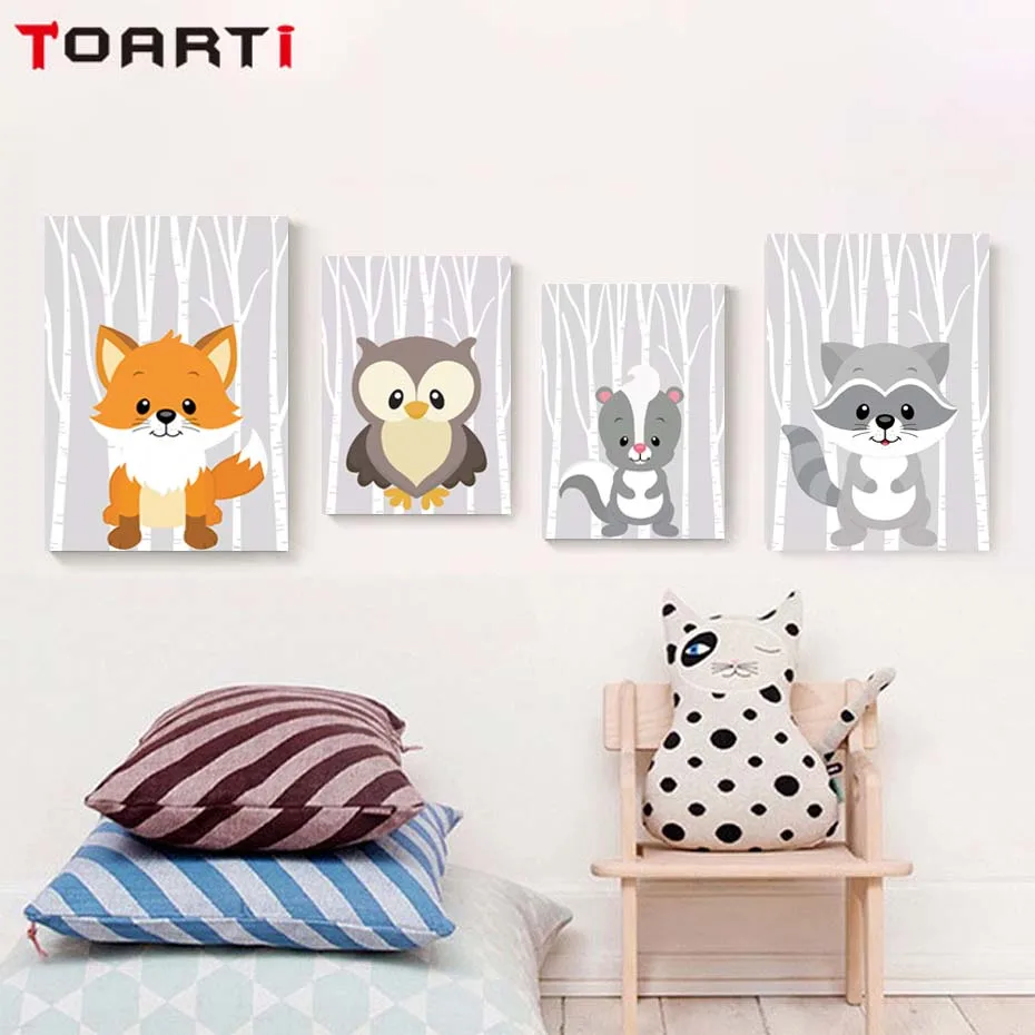 Woodland Fox Squirrel Art Poster Canvas Painting For Kids Bedroom Modern Wall Picture Home Decor Christmas Cartoon Animals Print (4)