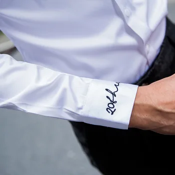 

High Quality Men Silk Shirt letter embroidery Casual Men's Social Shirts Solid Long Sleeve Night Club Party Shirt Men