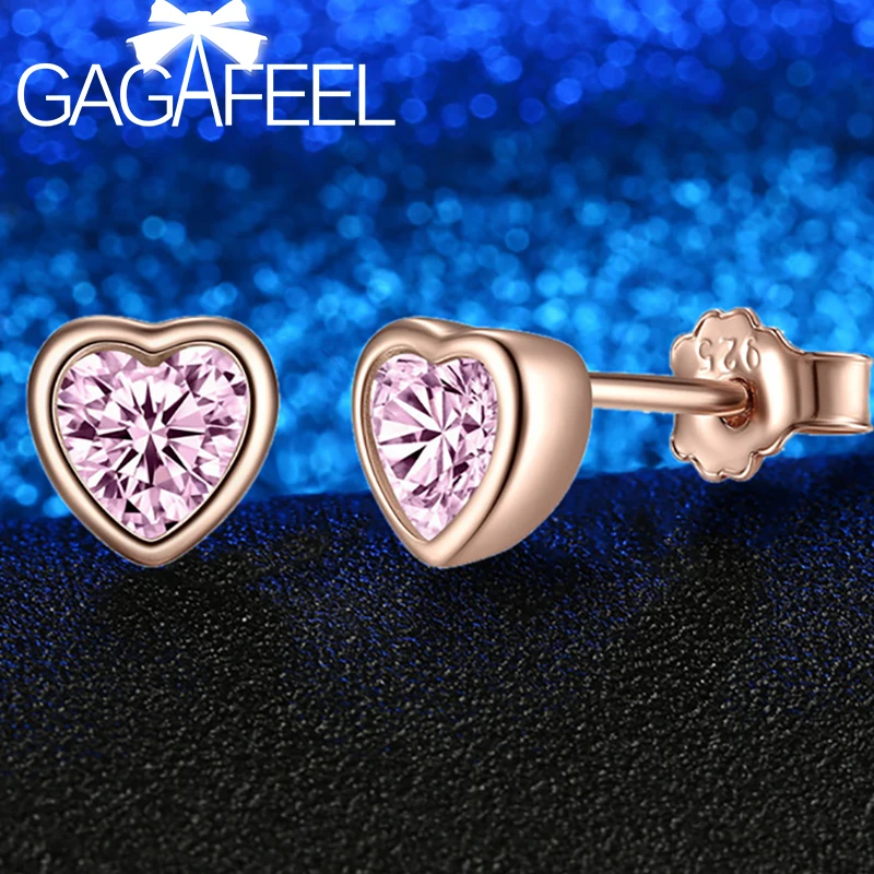 

GAGAFEEL 925 Sterling Silver Heart Stud Earrings with Clear CZ Female Brincos for Woman Fine Jewelry