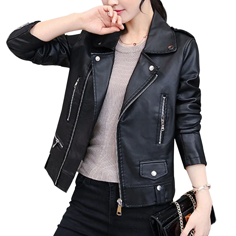 

NORMOV Black Women Coats Fashion Turn Down Collar Long Sleeve With Zippers Pockets Faux Leather Coats Streetwear Plus Size