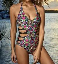 2016 New Retro Bohemia Print One Piece Sexy Halter Cut Out Backless Bowknot Bathing Suit Brazilian Swimsuits Swimwear Bodysuit