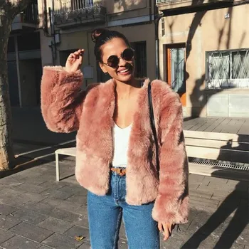 

2018 Must Have Pink Faux Fur Coats Long Sleeve Thicken Warm Winter Jackets Coats Women Fashion Streetwear Cardigans Outerwears