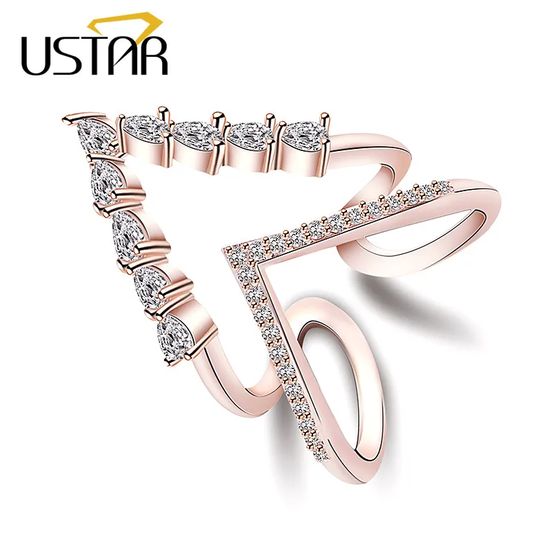 

USTAR V Style Wide Crystals Wedding Rings for women Double layer finger Engagement ring Jewelry Opening adjustable size gifts
