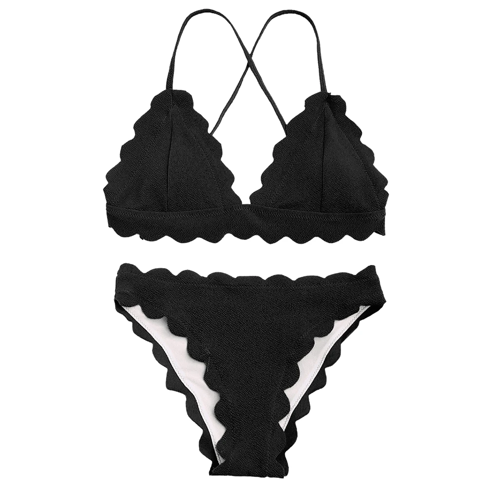 

Women Swimsuit Scalloped Criss-cross Bikini Set Padded Spaghetti Straps Women's Swimwear Sexy Solid Beach Swimming Suit Bikinis