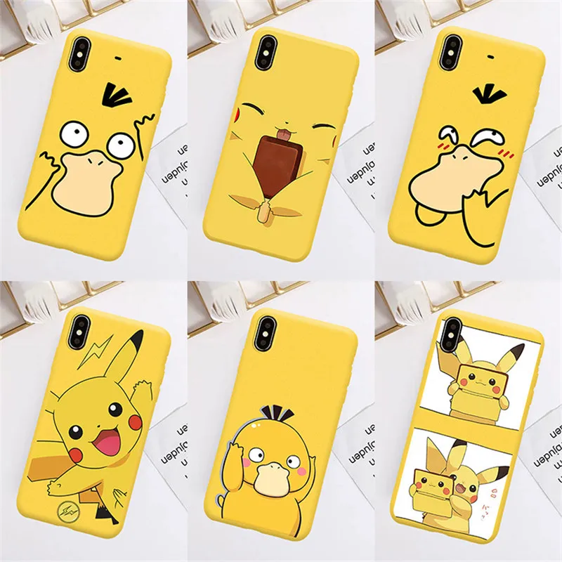 

JAMULAR Cute Pokemons Psyduck Pikachue Phone Case For iPhone 7 X XS MAX XR 8 6 6s Plus Soft Matte Yellow Silicone Back Cover Bag