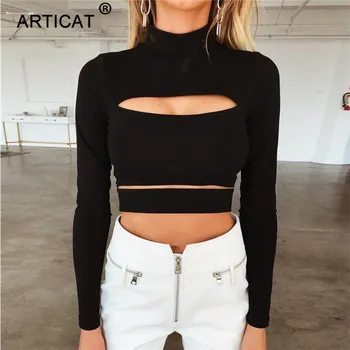 

Articat Black Sexy Hollow Out T Shirt Women Fashion Turtleneck Long Sleeve Bandage Crop Top Casual Party Tshirt Autumn Tops