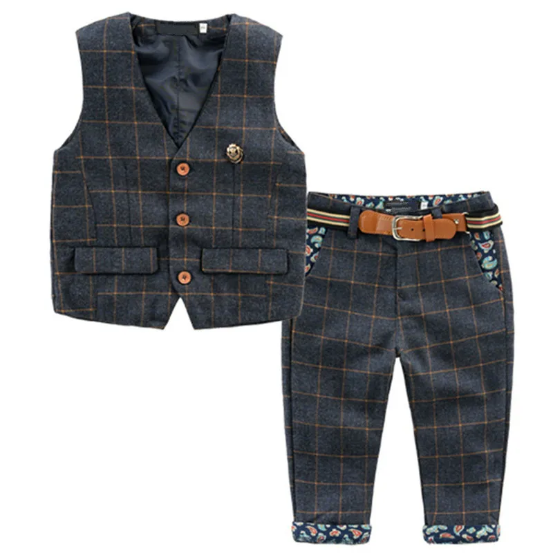 

2018Spring Autumn New Boys Suits Plaid Sleeveless Vest+Long Pant With Belt 2pcs Sets High Quality Kid Clothes