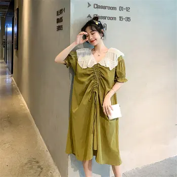 

HziriP Pregnancy Female Summer Loose Simple Peter Pan Collar Fresh Drawstring Elegant Maternity Cotton Linen Women Casual Dress